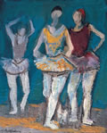 Ballerine su fondo celeste, ann ’80, olio su cartone telato, cm 50x40, Napoli collezione privata